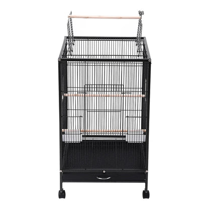 Open Top Bird Cage – Large Metal Parrot Villa with Casters, 48x48x77cm