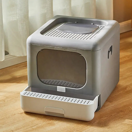 Foldable Enclosed Cat Litter Box – Sifting Tray, Scoop & Front Entry Design