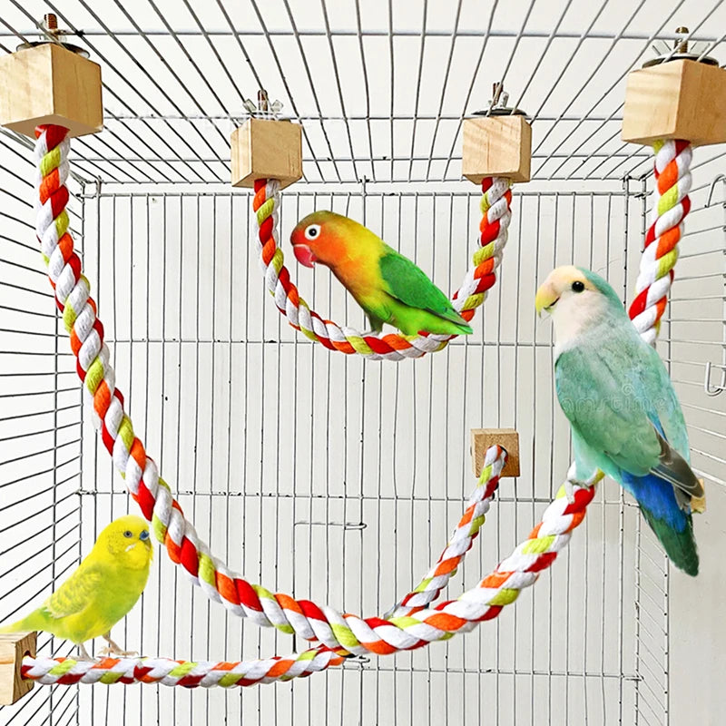 Colourful Cotton Rope Bird Swing - Wooden Climbing Toy for Parrots
