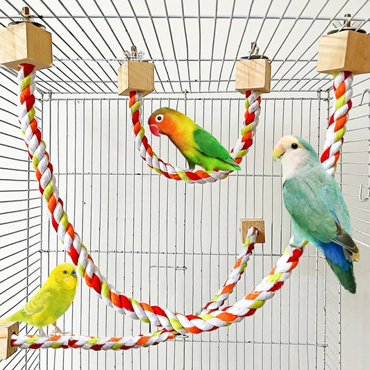 Colourful Cotton Rope Bird Swing - Wooden Climbing Toy for Parrots