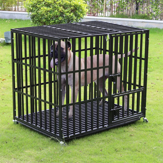 Heavy Duty Dog Crate – Strong Metal Cage with Lockable Wheels & Tray