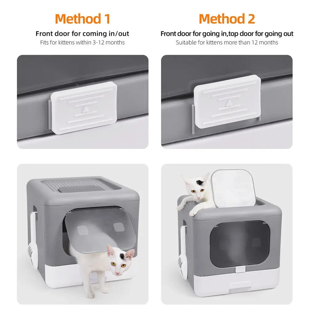 Foldable Enclosed Cat Litter Box – Sifting Tray, Scoop & Front Entry Design