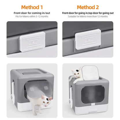 Foldable Enclosed Cat Litter Box – Sifting Tray, Scoop & Front Entry Design
