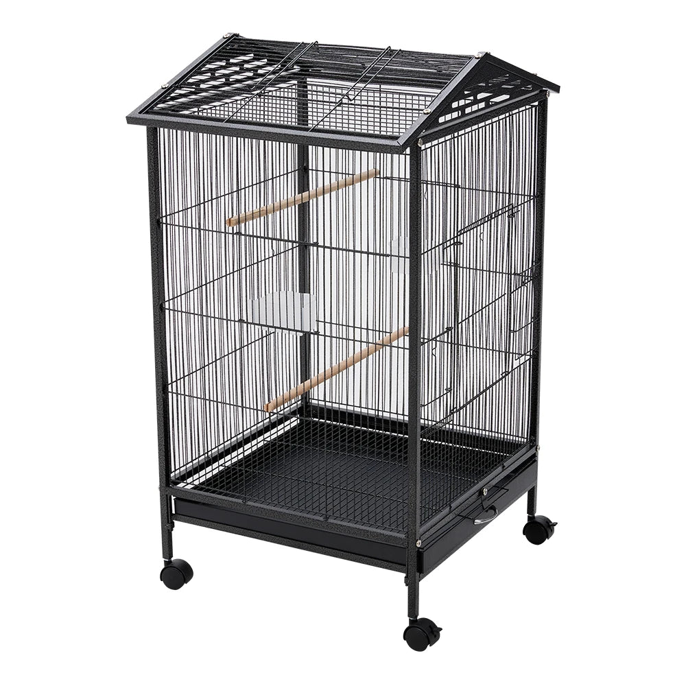 Bird Cage 86cm with Wheels - Open Play Top Metal Cage for Parrots