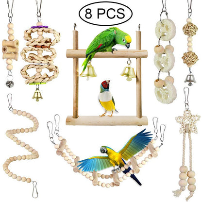 8-Piece Bird Toy Set - Wooden Swing, Chewing & Hanging Toys for Parakeets