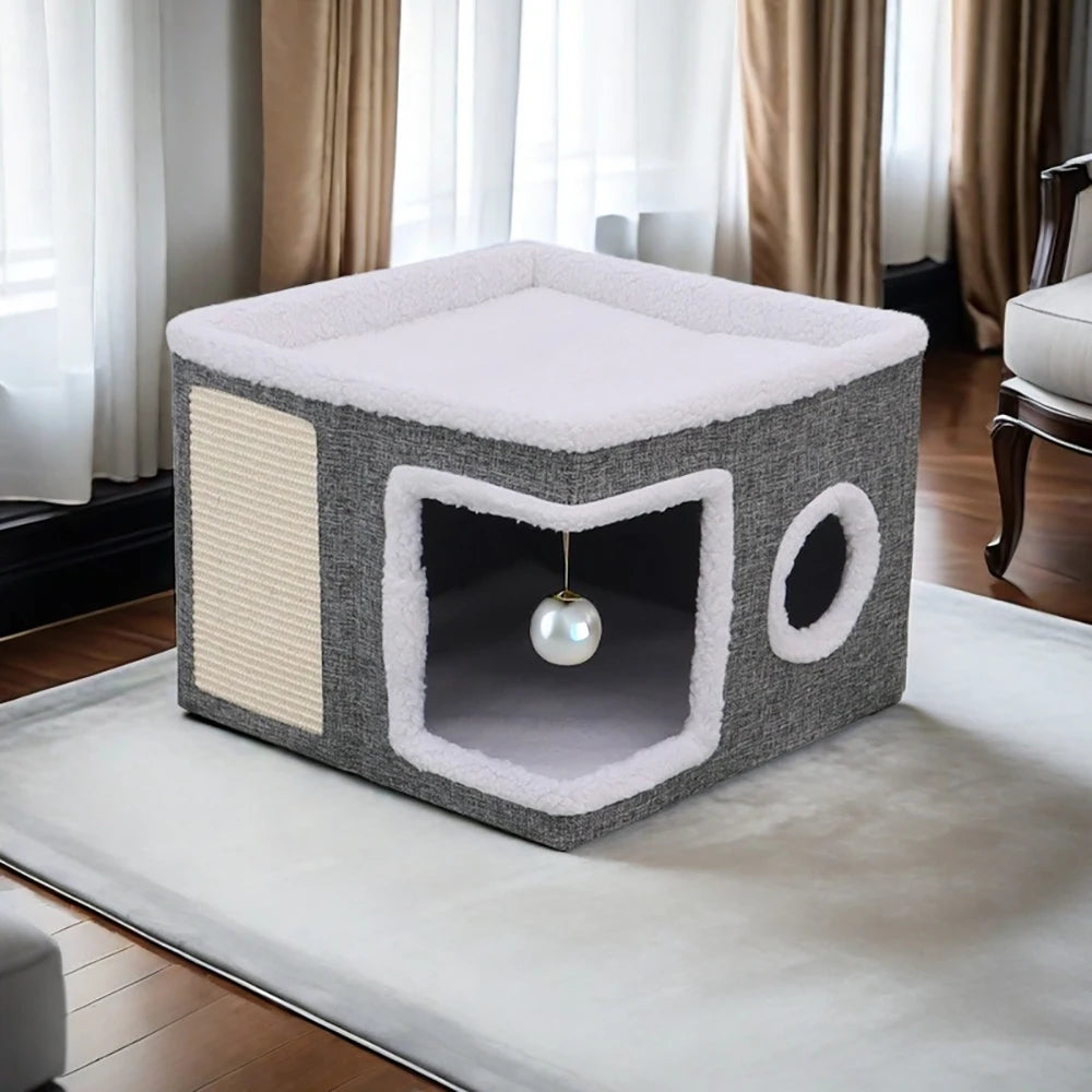 4-Season Multi-Level Cat House - Indoor  Foldable Design, Scratching Board & Non-Slip Base 30LB Capacity, Warm Cat Bed Cat Cave