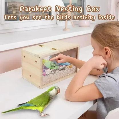 Transparent Bird Nesting Box - Wooden Breeding House for Parakeets & Cockatiels