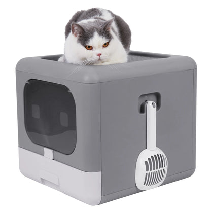 Foldable Enclosed Cat Litter Box – Sifting Tray, Scoop & Front Entry Design
