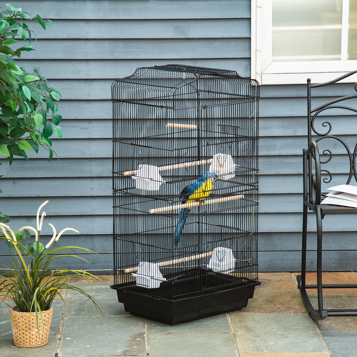 Large Bird Cage 92cm - Metal Cage with Perches, Food Bowls & Swing