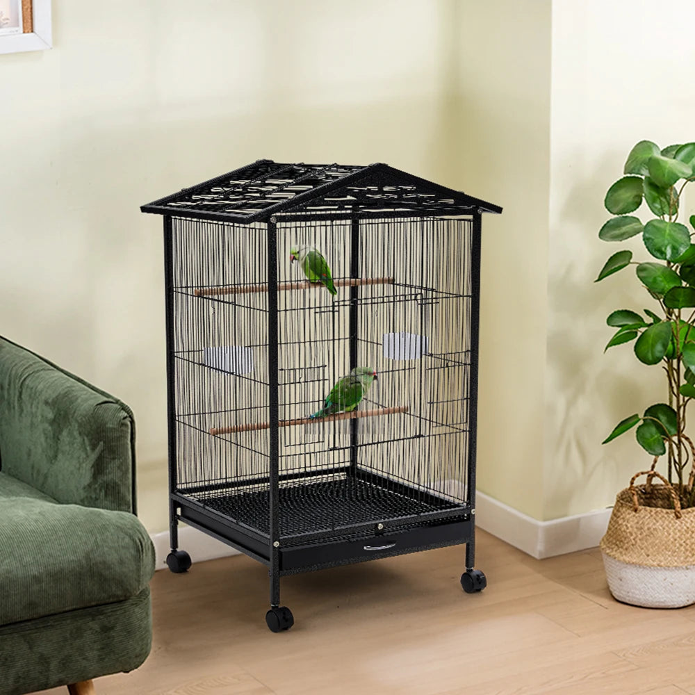 Bird Cage 86cm with Wheels - Open Play Top Metal Cage for Parrots
