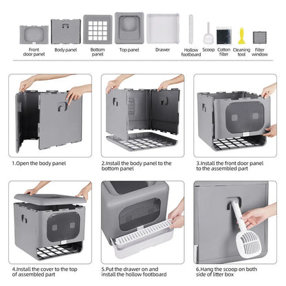 Foldable Enclosed Cat Litter Box – Sifting Tray, Scoop & Front Entry Design