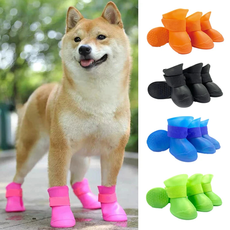 4-Piece Waterproof Dog Boots - Anti-Slip Rubber Rain Shoes for Dogs & Cats