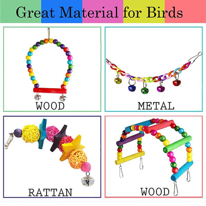 7PCS Wood Bird Toy Set – Swings, Bridge, Bells & Cage Accessories