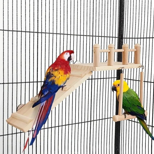 Bird Perch Platform Set – Wooden Swing, Ladder & Exercise Stand for Parrots