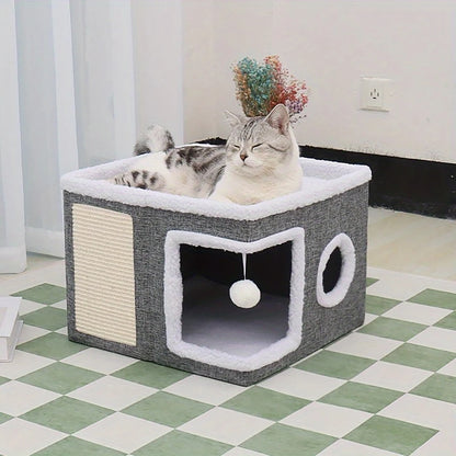 4-Season Multi-Level Cat House - Indoor  Foldable Design, Scratching Board & Non-Slip Base 30LB Capacity, Warm Cat Bed Cat Cave