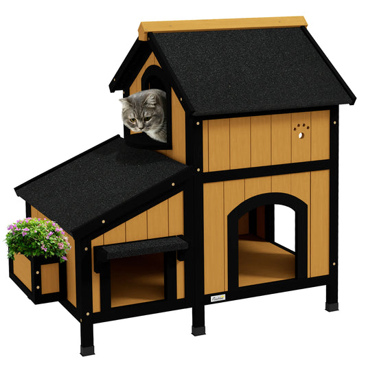 Wooden Outdoor Cat House - Weather - Resistant Shelter with Flower Pot & Windows - The Best For Pets
