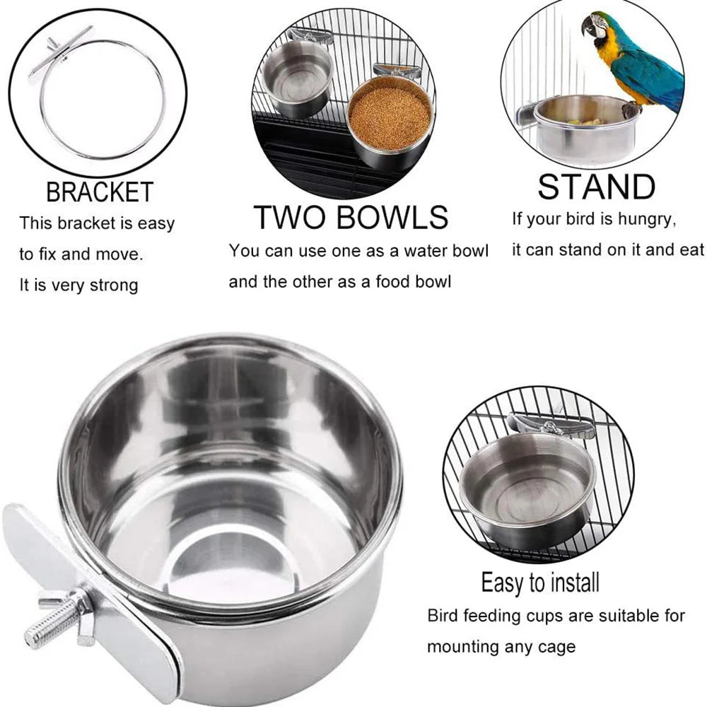 Stainless Steel Hanging Pet Bowl - Bird & Small Pet Cage Feeder