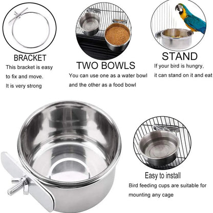 Stainless Steel Hanging Pet Bowl - Bird & Small Pet Cage Feeder