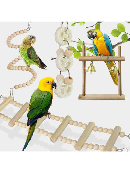 8-Piece Bird Toy Set - Wooden Swing, Chewing & Hanging Toys for Parakeets