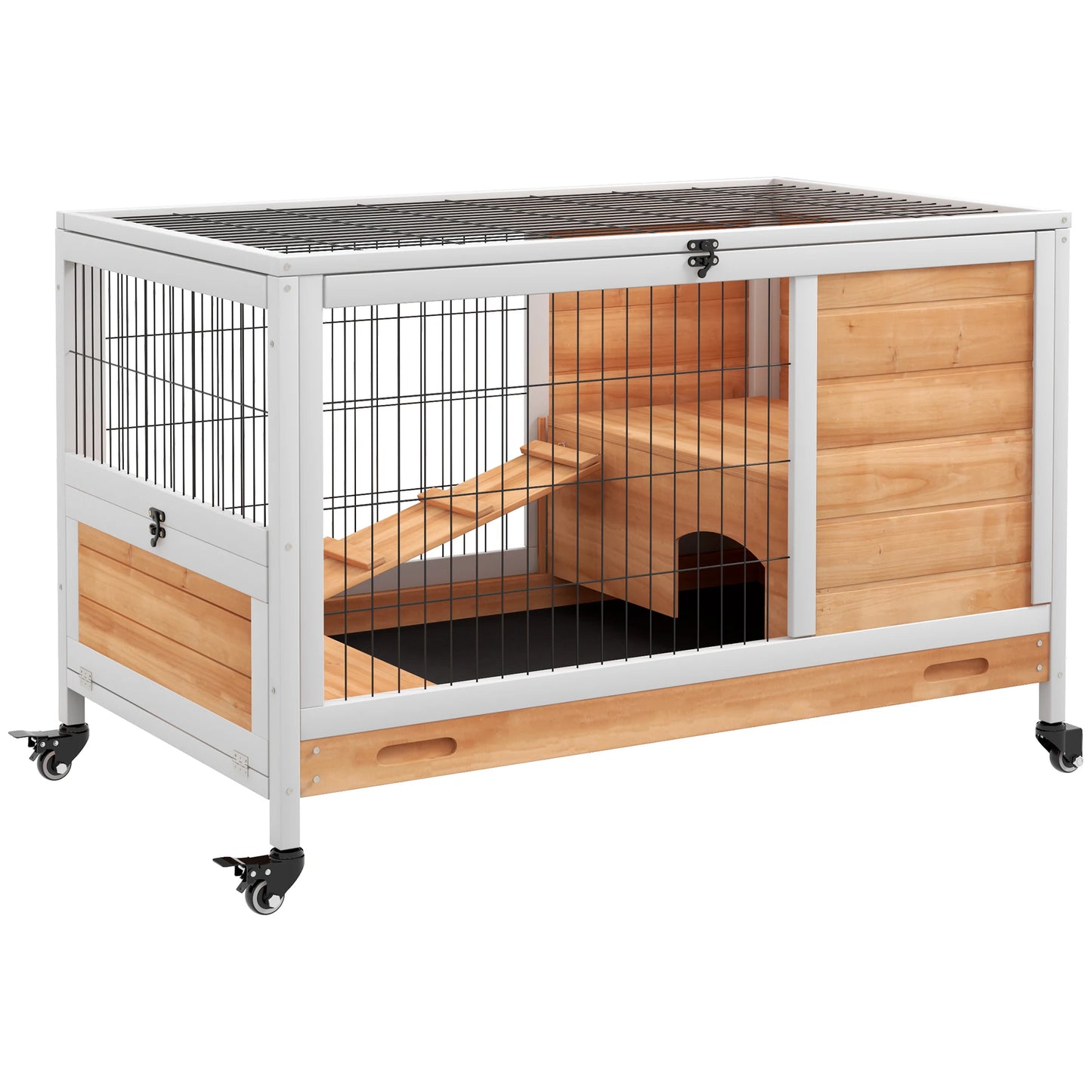 Guinea Pig Hutch 90cm - 2-Floor Wooden Cage with Wheels & Ramp
