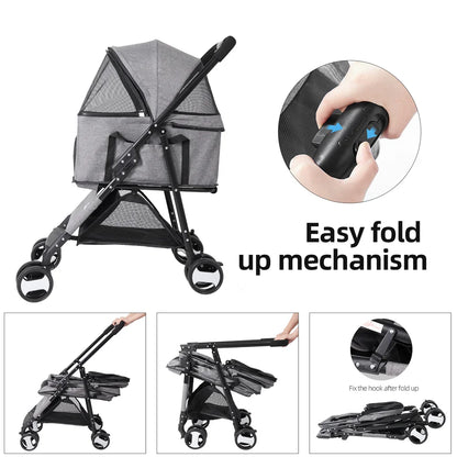 Pet Stroller with Rain Cover - Foldable 4-Wheel Pushchair for Dogs & Cats