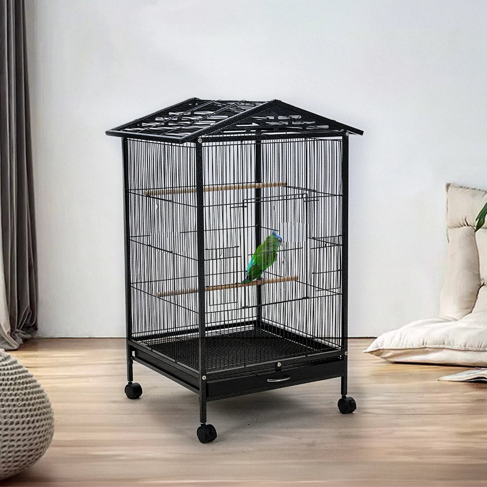 Bird Cage 86cm with Wheels - Open Play Top Metal Cage for Parrots