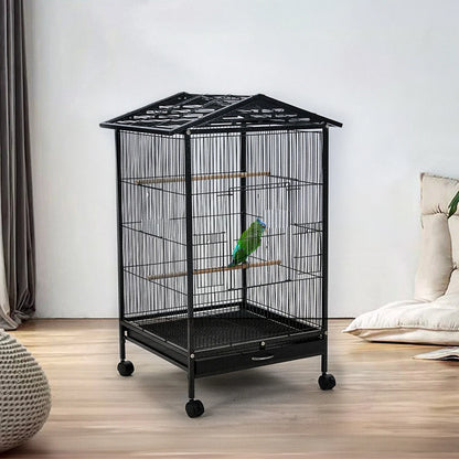 Bird Cage 86cm with Wheels - Open Play Top Metal Cage for Parrots