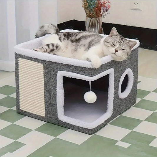 4-Season Multi-Level Cat House - Indoor  Foldable Design, Scratching Board & Non-Slip Base 30LB Capacity, Warm Cat Bed Cat Cave