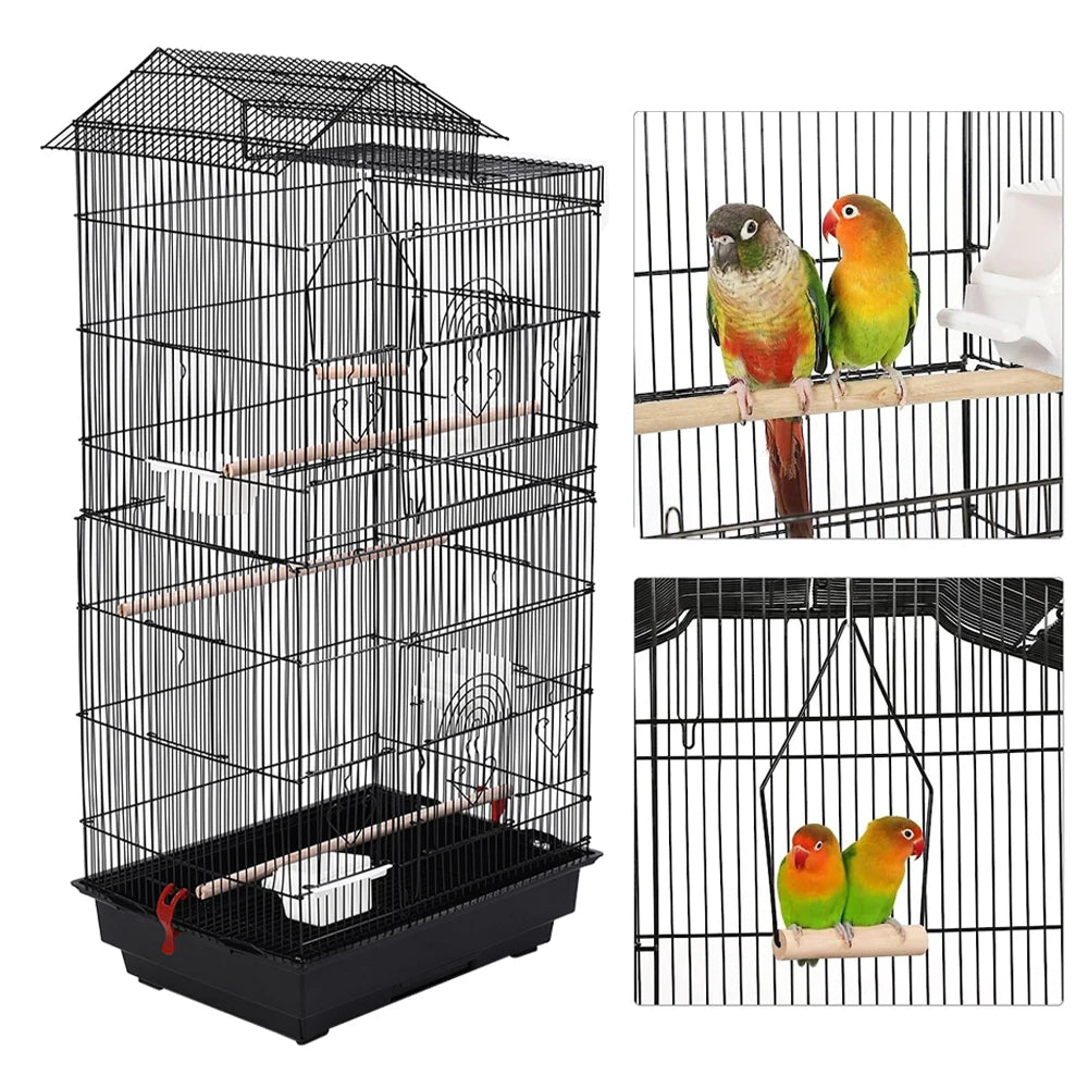 Bird Cage 100cm - Metal Cage with 3 Wooden Perches & Swing for Parrots