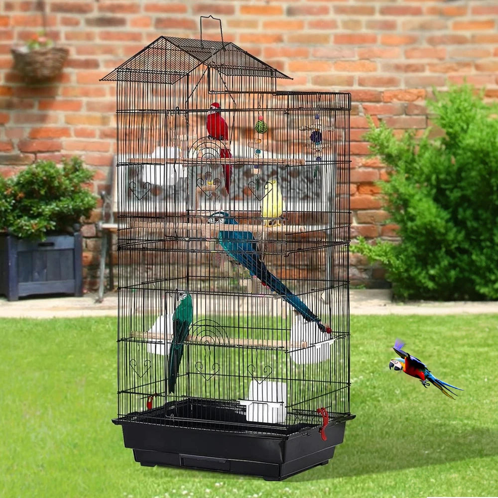 Bird Cage 100cm - Metal Cage with 3 Wooden Perches & Swing for Parrots