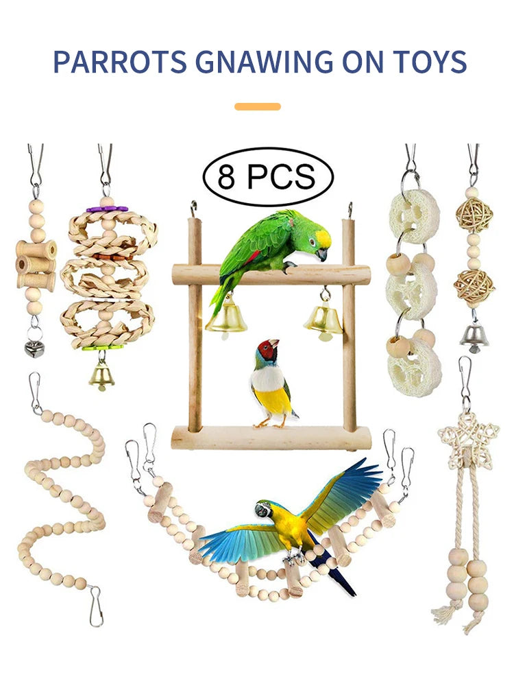 8-Piece Bird Toy Set - Wooden Swing, Chewing & Hanging Toys for Parakeets