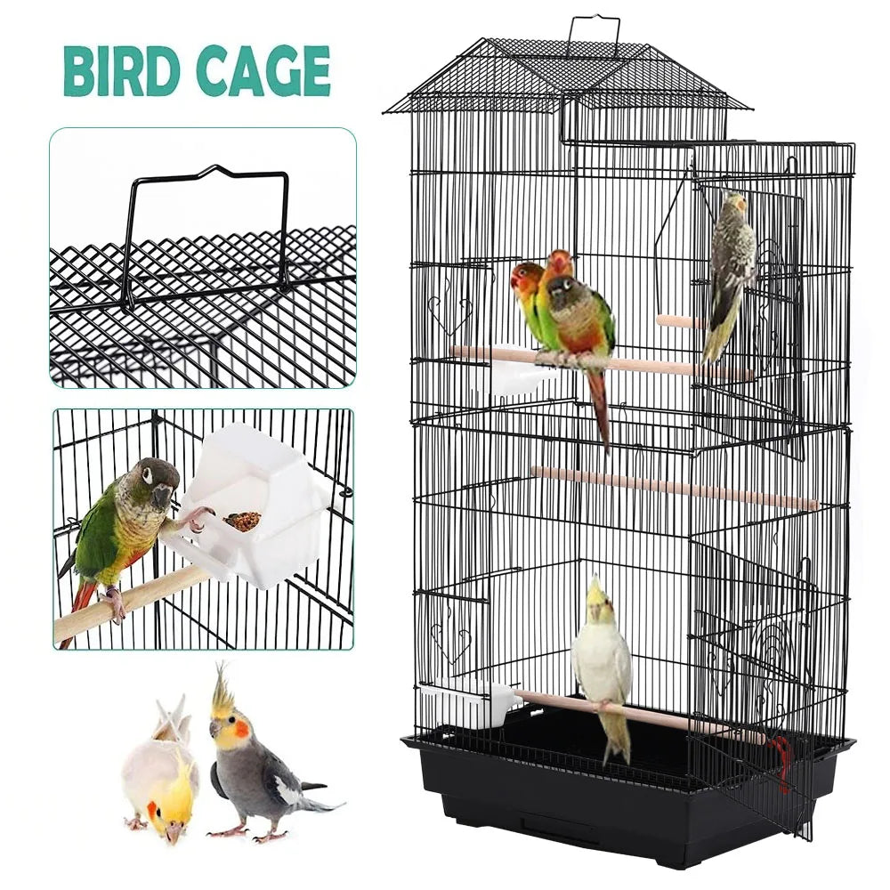 Bird Cage 100cm - Metal Cage with 3 Wooden Perches & Swing for Parrots