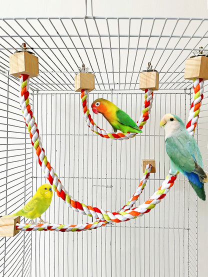 Colourful Cotton Rope Bird Swing - Wooden Climbing Toy for Parrots
