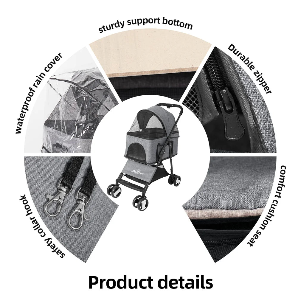 Pet Stroller with Rain Cover - Foldable 4-Wheel Pushchair for Dogs & Cats