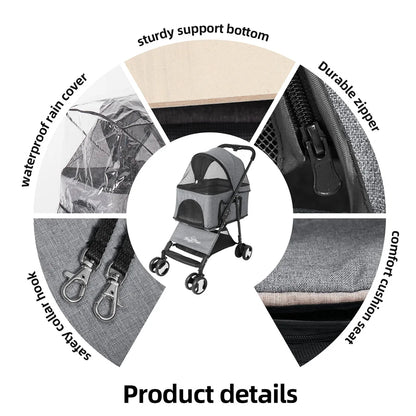 Pet Stroller with Rain Cover - Foldable 4-Wheel Pushchair for Dogs & Cats