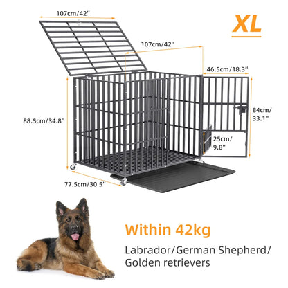 Heavy Duty Dog Crate – Strong Metal Cage with Lockable Wheels & Tray