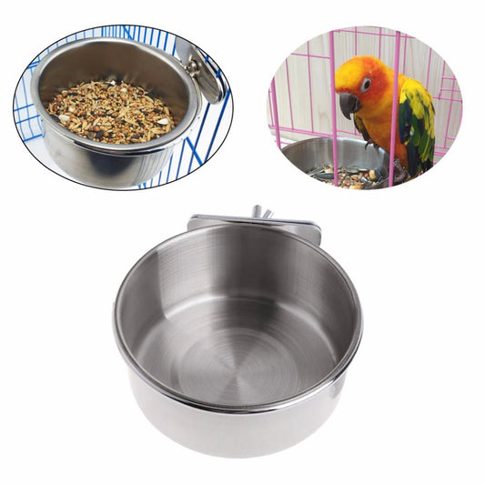 1Pc Stainless Steel Parrot Feeding Cups – Clamp Holder Food & Water Bowls for Birds