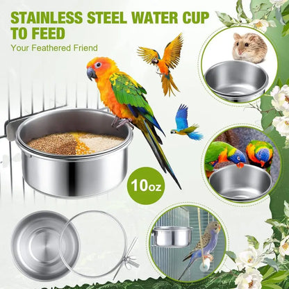Stainless Steel Hanging Pet Bowl - Bird & Small Pet Cage Feeder