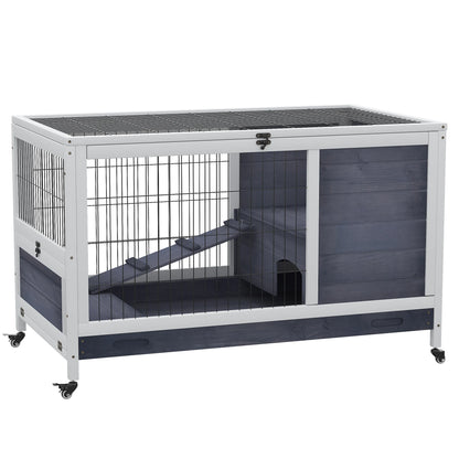 Guinea Pig Hutch 90cm - 2-Floor Wooden Cage with Wheels & Ramp