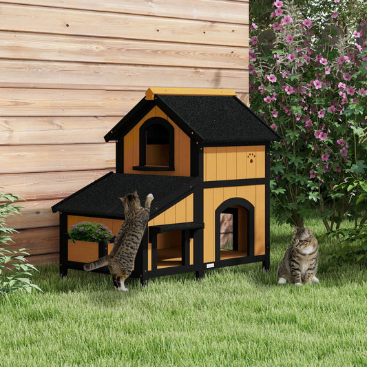Wooden Outdoor Cat House - Weather - Resistant Shelter with Flower Pot & Windows - The Best For Pets