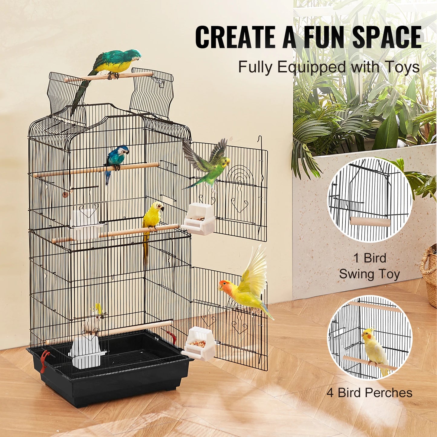 Large Parrot Cage 92.5cm - Open Top Hanging Cage with Swing & Perches