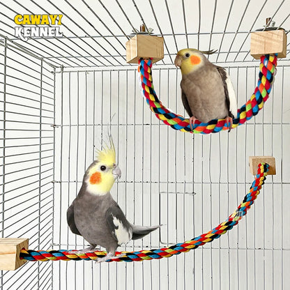Colourful Cotton Rope Bird Swing - Wooden Climbing Toy for Parrots