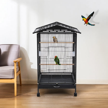 Bird Cage 86cm with Wheels - Open Play Top Metal Cage for Parrots