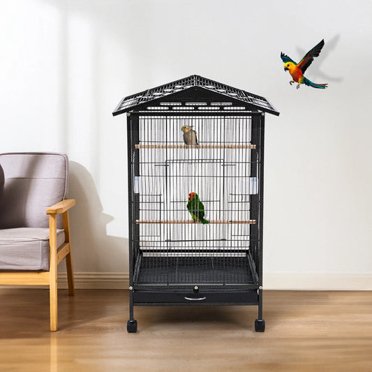 Bird Cage 86cm with Wheels - Open Play Top Metal Cage for Parrots