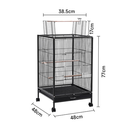 Open Top Bird Cage – Large Metal Parrot Villa with Casters, 48x48x77cm