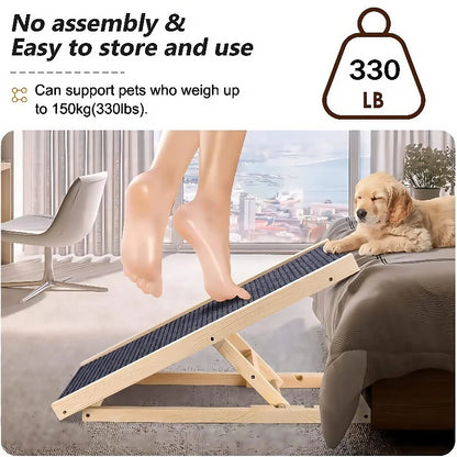 Adjustable Wooden Pet Ramp – Foldable, Non-Slip Dog & Cat Ladder for Bed, Couch & Car Access
