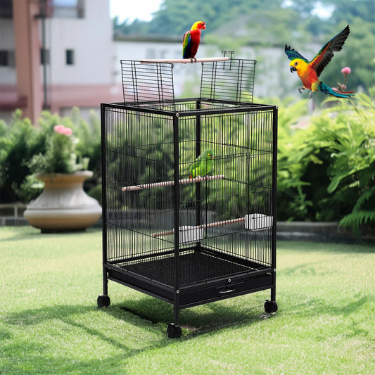 Open Top Bird Cage – Large Metal Parrot Villa with Casters, 48x48x77cm