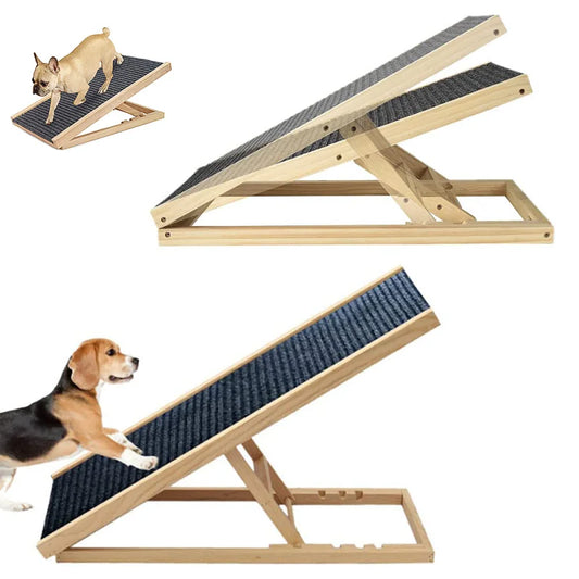 Adjustable Wooden Pet Ramp – Foldable, Non-Slip Dog & Cat Ladder for Bed, Couch & Car Access