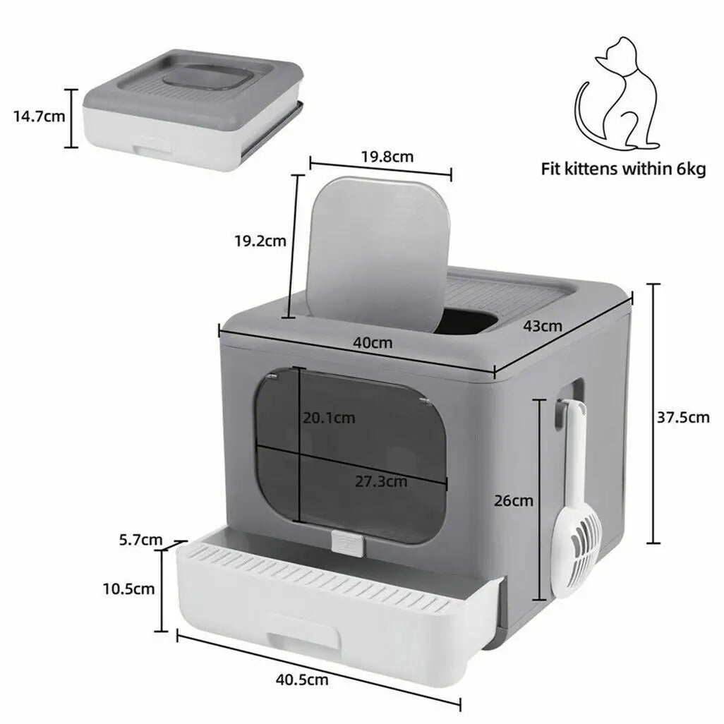 Foldable Enclosed Cat Litter Box – Sifting Tray, Scoop & Front Entry Design