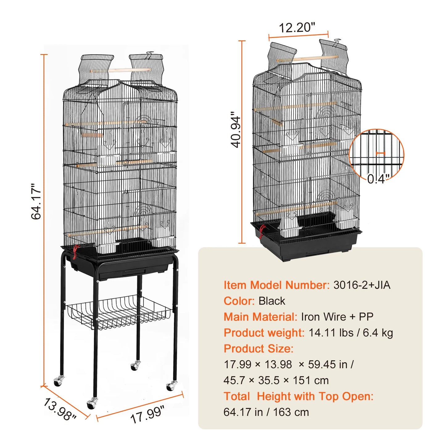 Large Parrot Cage 92.5cm - Open Top Hanging Cage with Swing & Perches